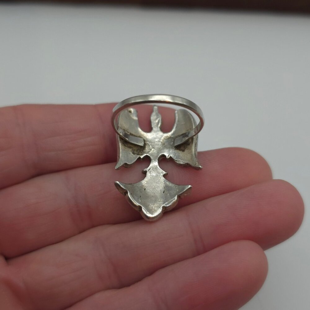 Size 9 Sterling Silver Native Turquoise And Coral Bird Band Ring A301 - Picture 4 of 7